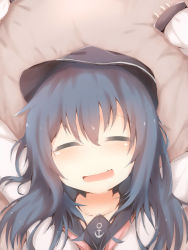 Rule 34 | 10s, 1girl, akatsuki (kancolle), anchor symbol, blue hair, blush, commentary request, drooling, closed eyes, fang, flat cap, hat, highres, kantai collection, long hair, lying, on back, open mouth, portrait, saliva, school uniform, serafuku, sleeping, sleeves past wrists, solo, sorahachi (sora823)