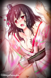 Rule 34 | 10s, 1girl, aftersex, black hair, blush, body writing, breasts, commentary request, cum, cum on body, cum on clothes, cum on upper body, empty eyes, hair ornament, japanese clothes, kantai collection, kimono, kimura shuuichi, long hair, lying, off shoulder, on back, open mouth, petals, red eyes, solo, tally, tears, yamashiro (kancolle), yukata