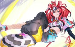 Rule 34 | 1girl, animal, animal ears, animal on head, aragiken, asymmetrical legwear, black sleeves, blue eyes, cropped jacket, ear chain, fishnet thighhighs, fishnets, hair ornament, hairclip, hairpin, hakos baelz, hakos baelz (casual), headphones, headphones around neck, highres, hololive, hololive english, long hair, midriff, mismatched legwear, mouse ears, mouse girl, mouse on head, mouse tail, mr. squeaks (hakos baelz), multicolored hair, navel, official alternate costume, on head, puffy short sleeves, puffy sleeves, red hair, shoes, short sleeves, single sleeve, sneakers, star (symbol), star hair ornament, streaked hair, sunglasses, tail, thighhighs, twintails, virtual youtuber, white footwear