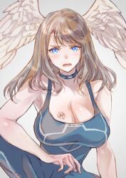 Rule 34 | 1girl, angel wings, arm support, blue eyes, breast tattoo, breasts, brown hair, cleavage, eunie (xenoblade), highres, large breasts, legs, looking at viewer, open mouth, short hair, sitting, solo, spread legs, tattoo, thighs, ug333333, wings, xenoblade chronicles (series), xenoblade chronicles 3