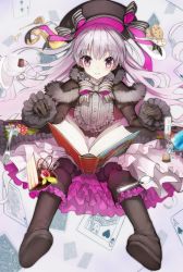 Rule 34 | 10s, 1girl, black dress, black gloves, black hat, book, boots, bow, bowtie, brown footwear, cake, capelet, card, cookie, cup, dress, fate/extra, fate (series), food, fork, frilled dress, frills, fur trim, gloves, grey bow, grey bowtie, hat, hat ribbon, long hair, looking at viewer, mins (minevi), nursery rhyme (fate), open book, parted lips, pink hair, purple eyes, ribbon, smile, solo, teacup, tray