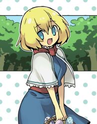 Rule 34 | 1girl, :d, alice margatroid, basket, blonde hair, blue dress, blue eyes, breasts, capelet, commentary request, cookie (touhou), cowboy shot, dress, easter egg, egg, forest, hair between eyes, holding, holding basket, looking at viewer, nahori (hotbeans), nature, open mouth, polka dot, polka dot background, red sash, red scarf, sash, scarf, short hair, small breasts, smile, solo, touhou, tree, web (cookie), white capelet