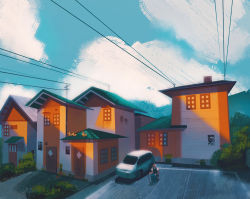 Rule 34 | blue sky, building, bush, cane, car, chimney, cloud, cloudy sky, commentary, creatures (company), english commentary, game freak, gen 1 pokemon, grass, highres, house, motor vehicle, nintendo, old, old man, outdoors, pidgey, plant, pokemon, pokemon (creature), power lines, road, simone mandl, sitting, sky, viridian city