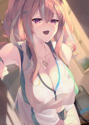 Rule 34 | 1girl, :d, armpits, azur lane, bag, bare legs, bare shoulders, bent over, blush, breasts, bremerton (azur lane), bremerton (scorching-hot training) (azur lane), ceiling, cleavage, collarbone, collared shirt, commentary request, cowboy shot, crop top, crop top overhang, doorway, duffel bag, grey hair, hair between eyes, hair ornament, hairclip, hand on own thigh, hanging breasts, hayato rikin, heart, heart necklace, highres, indoors, jewelry, large breasts, locker, locker room, long hair, looking at viewer, midriff, mole, mole on breast, mole under eye, multicolored hair, necklace, open mouth, pink eyes, pink hair, pov doorway, see-through, shirt, sidelocks, skirt, sleeveless, sleeveless shirt, smile, solo, sportswear, standing, streaked hair, tennis uniform, twilight, twintails, two-tone shirt, two-tone skirt, white shirt, white skirt, window, window shadow, wristband, x hair ornament