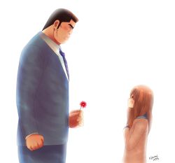 Rule 34 | 10s, 1boy, 1girl, absurdres, artist name, black hair, blush, brown eyes, brown hair, eye contact, eyebrows, flower, from side, gouda takeo, height difference, highres, holding, holding flower, looking at another, looking down, looking up, naomi1755, necktie, ore monogatari!!, profile, school uniform, sideburns, size difference, thick eyebrows, white background, yamato rinko