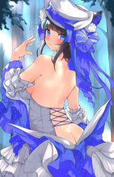 Rule 34 | 1girl, animal ears, ass, azur lane, back, bare shoulders, black hair, blue eyes, blush, bow, breasts, cheshire (azur lane), cheshire (the cat and the white steed) (azur lane), cheshire (the cat and the white steed) (azur lane), cleavage, dress, forest, frills, from behind, hair bow, hat, highres, large breasts, looking at viewer, maid headdress, multicolored hair, nature, official alternate costume, ryoutsu, smile, solo, streaked hair, tree
