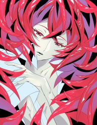 1other androgynous curly_hair highres houseki_no_kuni long_hair looking_at_viewer niani_x_x other_focus padparadscha_(houseki_no_kuni) red_eyes red_hair shirt solo very_long_hair white_shirt