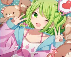 Rule 34 | 1girl, ;d, blush, bow, braid, camisole, collarbone, commentary, double bun, double v, from above, green eyes, green hair, hair bow, hair bun, hair ornament, heart, highres, jacket, long hair, long sleeves, looking at viewer, lying, morinaka kazaki, nijisanji, on back, one eye closed, open clothes, open jacket, open mouth, pink bow, pink jacket, sapphire (sapphire25252), side braid, smile, solo, spoken heart, stuffed animal, stuffed toy, teddy bear, upper body, v, virtual youtuber, white camisole