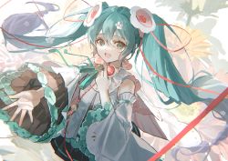 Rule 34 | 1girl, absurdres, bare shoulders, blue eyes, blue hair, detached sleeves, hair ornament, hatsune miku, highres, long hair, looking at viewer, magical mirai miku, magical mirai miku (2021), necktie, open mouth, oyuyu, shirt, skirt, sleeveless, smile, solo, twintails, very long hair, vocaloid, white background