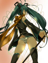 Rule 34 | 1girl, akishima kei, ass, detached sleeves, green hair, green nails, hatsune miku, long hair, nail polish, panties, scarf, solo, striped clothes, striped panties, thighhighs, twintails, underwear, vocaloid