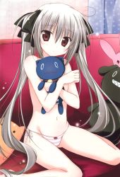 Rule 34 | 1girl, :&lt;, absurdres, breasts, couch, curtains, grey hair, groin, hair between eyes, highres, huge filesize, indoors, korie riko, long hair, navel, panties, pink eyes, red eyes, side-tie panties, sitting, small breasts, solo, star (symbol), star print, stomach, string panties, striped clothes, striped panties, stuffed animal, stuffed toy, topfreedom, topless, twintails, underwear, underwear only, wariza