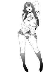Rule 34 | 1girl, absurdres, arm up, bad id, bad pixiv id, blush, breasts, cameltoe, clothes lift, full body, greyscale, highres, kneehighs, large breasts, lips, long hair, monochrome, nipples, open clothes, open mouth, open shirt, original, panties, pleated skirt, ribbon, school uniform, shirt, simple background, skirt, skirt lift, socks, solo, sweat, syuuen, underwear, upskirt, white background