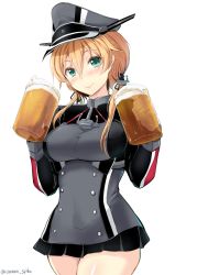 Rule 34 | 10s, 1girl, alcohol, anchor hair ornament, beer, beer mug, black ribbon, black skirt, blonde hair, blush, breasts, cowboy shot, cup, gin&#039;ichi (akacia), gloves, green eyes, hair ornament, hat, kantai collection, large breasts, long sleeves, looking at viewer, low twintails, microskirt, military, military hat, military uniform, mug, peaked cap, pleated skirt, prinz eugen (kancolle), ribbon, skirt, smile, solo, twintails, twitter username, uniform, white background, white gloves