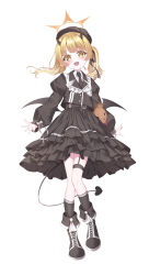 Rule 34 | 1girl, absurdres, amerika neko, beret, black dress, black footwear, black hat, black horns, black necktie, black socks, black tail, black wings, blonde hair, blue archive, blush, boots, collared shirt, demon horns, demon tail, demon wings, dress, hat, highres, horns, ibuki (blue archive), long hair, long sleeves, necktie, open mouth, pointy ears, shirt, simple background, smile, socks, solo, tail, twintails, white background, white shirt, wings, yellow eyes