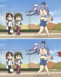 Rule 34 | 3girls, abyssal ship, alternate costume, bag, baseball, black pants, blue hair, blue one-piece swimsuit, blue scarf, blue sky, bob cut, braid, brown eyes, brown hair, cloud, commentary request, dated, day, enemy lifebuoy (kancolle), fang, full body, green eyes, green hair, groceries, hair ribbon, hamu koutarou, highres, i-19 (kancolle), kantai collection, long hair, multiple girls, name tag, one-hour drawing challenge, one-piece swimsuit, orange eyes, outdoors, pants, paper bag, plastic bag, ponytail, purple pants, red eyes, red scarf, ribbon, scarf, school swimsuit, shikinami (kancolle), short hair, sidelocks, skin fang, sky, spot the differences, standing, star-shaped pupils, star (symbol), sweater, swimsuit, symbol-shaped pupils, takanami (kancolle), torpedo, track pants, tri tails, white sweater