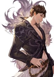 Rule 34 | 1boy, arm at side, belial (granblue fantasy), belt, black jacket, black pants, bokyo, brown hair, closed mouth, dated, feather boa, granblue fantasy, hand on own hip, highres, jacket, long sleeves, looking at viewer, male focus, navel, pants, pectorals, red eyes, short hair, simple background, smile, solo, v-shaped eyebrows, white background