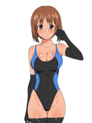 Rule 34 | 10s, 1girl, blush, breasts, brown eyes, brown hair, girls und panzer, highleg, highleg swimsuit, highres, kagemusha, large breasts, nishizumi miho, one-piece swimsuit, solo, swimsuit