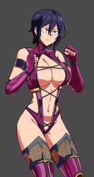 Rule 34 | 1girl, belly, black eyes, black hair, black thighhighs, breasts, cleavage, cosplay, crossover, female focus, fighting stance, fingerless gloves, gloves, grey background, gutsbro14, highres, hitomi-chan wa hitomishiri, large breasts, leotard, mileena (mortal kombat), mortal kombat (series), revealing clothes, serious, short hair, simple background, solo, standing, stomach, takano hitomi, thighhighs, thighs, tomboy