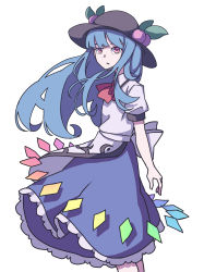 Rule 34 | 1girl, absurdres, apron, black headwear, blue eyes, blue skirt, collared shirt, cowboy shot, eyebrows hidden by hair, food, frilled skirt, frills, fruit, highres, hinanawi tenshi, kame (kamepan44231), leaf, long hair, looking at viewer, one-hour drawing challenge, open mouth, peach, petticoat, rainbow order, red eyes, red neckwear, shirt, short sleeves, simple background, skirt, solo, standing, touhou, waist apron, white apron, white background, white shirt