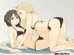 Rule 34 | 10s, 2girls, :&lt;, adapted costume, all fours, alternate costume, artist name, ass, bare legs, bare shoulders, bikini, black bikini, black hair, blonde hair, blue eyes, braid, breasts, front-tie top, hair flaps, hair ornament, hair over shoulder, hair ribbon, hairclip, harada itsumi, kantai collection, looking at viewer, lying, multiple girls, red eyes, ribbon, shigure (kancolle), small breasts, smile, swimsuit, twitter username, yuudachi (kancolle)