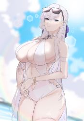 Rule 34 | 1girl, arm strap, azur lane, belfast (azur lane), blue eyes, blue ribbon, braid, breasts, cleavage, cleavage cutout, clothing cutout, cloud, cloudy sky, eyebrows hidden by hair, eyewear on head, hair ribbon, highres, in water, large breasts, long hair, looking at viewer, mogi yasunobu, navel, one-piece swimsuit, ribbon, side braid, sky, solo, stomach, stomach cutout, sunglasses, swept bangs, swimsuit, thighs, water, white hair, white one-piece swimsuit