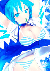 Rule 34 | 1girl, alternate breast size, bad id, bad pixiv id, bikini, blue eyes, blue hair, breasts, cirno, frog, large breasts, matching hair/eyes, aged up, rondo bell, solo, striped, swimsuit, embodiment of scarlet devil, touhou
