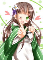 Rule 34 | 1girl, ;d, ama usa an uniform, blunt bangs, blush, breasts, brown hair, commentary request, gochuumon wa usagi desu ka?, green background, green eyes, green kimono, heart, highres, index finger raised, japanese clothes, kimono, koi dance, long hair, long sleeves, looking at viewer, one eye closed, open mouth, polka dot trim, small breasts, smile, solo, striped clothes, striped kimono, ujimatsu chiya, wide sleeves, xenon (for achieve)