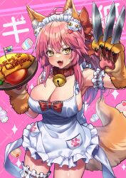 Rule 34 | 1girl, absurdres, animal ears, animal hands, apron, bell, between fingers, breasts, fang, fate/grand order, fate (series), food, fox ears, fox tail, gloves, google (asdek18), highres, holding, kitchen knife, large breasts, long hair, maid headdress, naked apron, neck bell, omelet, paw gloves, pink background, pink hair, ponytail, tail, tamamo (fate), tamamo cat (fate), tamamo cat (third ascension) (fate), thigh strap, yellow eyes