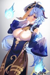 Rule 34 | 1girl, absurdres, ahoge, aile (crossroads), bare shoulders, bell, blue dress, blue hair, blush, breasts, brown pantyhose, china dress, chinese clothes, cleavage, cleavage cutout, clothing cutout, dress, ganyu (genshin impact), genshin impact, hat, highres, horns, jiangshi costume, large breasts, long hair, looking at viewer, ofuda, open mouth, pantyhose, pelvic curtain, purple eyes, qingdai guanmao, side slit, sidelocks, sleeves past fingers, sleeves past wrists, talisman
