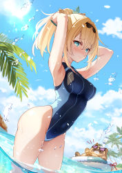 Rule 34 | 1girl, armpits, ass, bad id, bad twitter id, blonde hair, blue eyes, blush, brat (brabrabrat00), breasts, competition swimsuit, highres, hololive, kazama iroha, long hair, looking at viewer, navel, one-piece swimsuit, outdoors, partially submerged, pokobee, ponytail, solo, swimsuit, unfinished, virtual youtuber