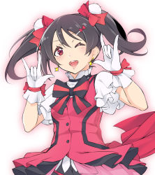 Rule 34 | 10s, 1girl, \m/, black hair, bow, earrings, gloves, gradient background, hair bow, hair ornament, hairclip, happy birthday, highres, jewelry, kira-kira sensation!, love live!, love live! school idol project, makita (twosidegekilove), one eye closed, open mouth, red eyes, shirt, short sleeves, skirt, smile, solo, twintails, white gloves, yazawa nico