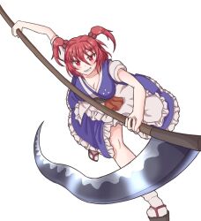 Rule 34 | 1girl, blue dress, blush, breasts, cleavage, commentary, dress, ekakujinn, full body, grin, hair between eyes, hair bobbles, hair ornament, holding, holding scythe, large breasts, looking at viewer, onozuka komachi, red eyes, red hair, scythe, short sleeves, simple background, smile, socks, solo, touhou, two side up, white background, white socks