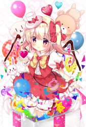 Rule 34 | 1girl, balloon, bear, blonde hair, bloomers, blush, bow, bowtie, cat, closed mouth, crystal, flandre scarlet, frilled shirt, frilled skirt, frills, full body, hair bow, hat, hat bow, heart, looking at viewer, mini hat, mini top hat, puffy short sleeves, puffy sleeves, rabbit, red bow, red eyes, red skirt, red vest, rika-tan (rikatantan), shirt, short sleeves, side ponytail, skirt, skirt set, smile, solo, star (symbol), top hat, touhou, underwear, vest, white shirt, wings, wrist cuffs, yellow bow, yellow bowtie