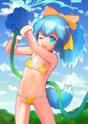 Rule 34 | 1girl, ;d, absurdres, animal hands, bare shoulders, bikini, blue eyes, blue hair, blue sky, blue tail, bow, breasts, cloud, cowboy shot, day, dog girl, dog tail, gloves, hair bow, highres, holding, holding hose, hose, inu-t, legs apart, light blue hair, long sleeves, navel, nt-tan, one eye closed, open mouth, os-tan, outdoors, paw gloves, ponytail, sky, small breasts, smile, solo, standing, swimsuit, tail, teeth, tsukiyono aroe, upper teeth only, water, yellow bikini, yellow bow