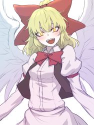 Rule 34 | 1girl, :d, blonde hair, blush, bow, bowtie, breasts, brown vest, commentary request, dress, fangs, feathered wings, gengetsu (touhou), hair bow, head tilt, highres, juliet sleeves, long sleeves, medium breasts, medium hair, miata (miata8674), open mouth, puffy sleeves, red bow, red bowtie, simple background, slit pupils, smile, solo, standing, touhou, touhou (pc-98), upper body, vest, white background, white dress, white wings, wing collar, wings, yellow eyes