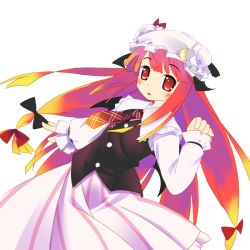 Rule 34 | 1girl, bat wings, blush, child, crescent, female focus, fusion, gradient hair, hat, head wings, if they mated, koakuma, long hair, multicolored hair, orange hair, patchouli knowledge, purple hair, red eyes, red hair, ribbon, solo, tachibana (pixiv), tachibana (tach011194), embodiment of scarlet devil, touhou, vest, wings