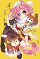 Rule 34 | 1girl, :o, animal, animal ears, animal on head, arm up, black footwear, black thighhighs, blue eyes, blush, boots, breasts, chinese zodiac, cleavage, commentary request, dog, dog ears, dog girl, dog tail, fingernails, full body, fur-trimmed boots, fur collar, fur trim, hair between eyes, head tilt, looking at viewer, medium breasts, nachiru, on head, original, parted lips, pink hair, pleated skirt, red shirt, shirt, simple background, sitting, skirt, solo, tail, thighhighs, thighhighs under boots, year of the dog, yellow background, yellow skirt