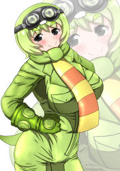 Rule 34 | 1girl, animal costume, black eyes, blush, bomber jacket, bow, bowtie, breasts, closed mouth, gachapin, goggles, green hair, highres, hirake! ponkikki, jacket, kemono friends, kemono friends 3, large breasts, looking at viewer, scarf, short hair, simple background, smile, solo, tail, tunndererabu, zipper