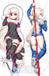 Rule 34 | 1girl, armor, ass, backless outfit, bare shoulders, bed sheet, between buttocks, black dress, black footwear, black ribbon, blonde hair, blue panties, boots, chain, collar, collarbone, commentary, cosplay, cu chulainn (fate), cu chulainn (fate/stay night), cu chulainn (fate/stay night) (cosplay), cuddly octopus, dakimakura (medium), detached sleeves, dress, eyepatch, eyepatch lift, fate/kaleid liner prisma illya, fate (series), full body, gae bolg (fate), gluteal fold, hair ribbon, hair tubes, hand on own chest, hand up, illyasviel von einzbern, krokobyaka, long hair, looking at viewer, looking back, low-tied long hair, low ponytail, lying, medusa (fate), medusa (rider) (fate), medusa (rider) (fate) (cosplay), multiple views, on back, on stomach, panties, polearm, purple eyes, ribbon, short dress, shoulder armor, shoulder blades, single detached sleeve, smile, spear, strapless, strapless dress, thigh boots, thigh strap, thighhighs, underwear, very long hair, weapon, white panties