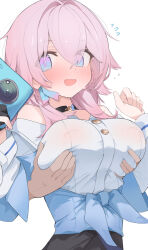 Rule 34 | bare shoulders, blush, breasts, camera, covered erect nipples, cowboy shot, grabbing, grabbing another&#039;s breast, grabbing from behind, gradient eyes, highres, holding, holding camera, honkai: star rail, honkai (series), large breasts, march 7th (honkai: star rail), mikozin, multicolored eyes, open mouth, pink hair