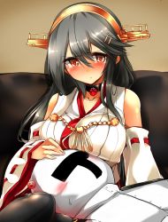 Rule 34 | 10s, 1boy, 1girl, admiral (kancolle), bare shoulders, black hair, blush, breast press, breasts, detached sleeves, gradient background, hair ornament, hairband, hairclip, haruna (kancolle), highres, kantai collection, lap pillow, large breasts, long hair, nontraditional miko, tears, tsukui kachou