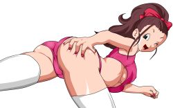 Rule 34 | 10s, 1girl, absurdres, amaguri cocoa, ass, ass grab, breasts, brown hair, dannyjs611, dragon ball, dragon ball super, female focus, hair ornament, happy, highres, incredibly absurdres, long hair, looking back, nail polish, one eye closed, ponytail, skin tight, thighhighs, thighs, underboob, wink