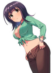 Rule 34 | 1girl, asada hachi, blush, breasts, brown eyes, brown pants, cleavage, closed mouth, commentary, dated commentary, frilled sleeves, frills, from below, front-tie top, green shirt, itsuwa, long hair, looking at viewer, medium breasts, midriff, navel, no bra, pants, purple hair, shirt, simple background, solo, striped clothes, striped shirt, toaru majutsu no index, vertical-striped clothes, vertical-striped shirt, white background