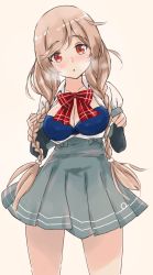 Rule 34 | 1girl, arm warmers, beige background, blue bra, bra, braid, cloud hair ornament, commentary request, cowboy shot, gradient hair, highres, kantai collection, light brown hair, long hair, minegumo (kancolle), multicolored hair, open clothes, plaid neckwear, pleated skirt, red eyes, red neckwear, school uniform, shirt, simple background, skirt, solo, standing, suspender skirt, suspenders, twin braids, underwear, wasumi kei, white shirt