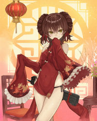 Rule 34 | 1girl, animal print, assault rifle, breasts, brown hair, bullpup, chair, china dress, chinese border, chinese clothes, colored eyelashes, commentary request, cowboy shot, dress, fish print, flower, frilled sleeves, frills, girls&#039; frontline, gun, hair ribbon, hand to own mouth, hanging light, highres, lamp, looking at viewer, numazume, official alternate costume, panties, qbz-97, red ribbon, ribbon, rifle, side-tie panties, sleeves past wrists, small breasts, smirk, solo, table, tassel, thighs, type 97 (girls&#039; frontline), type 97 (peony) (girls&#039; frontline), underwear, vase, weapon, yellow eyes
