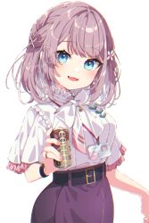 Rule 34 | 1girl, :d, belt, black belt, blue eyes, blush, bottle, bow, bowtie, braid, can, canned coffee, cowboy shot, drink can, fang, fingernails, flower, frilled shirt collar, frills, grey skirt, hair flower, hair ornament, holding, id card, indie virtual youtuber, jewelry, light brown hair, looking at viewer, mamyouda, medium hair, mitsuki momo, open mouth, ring, shirt, simple background, skin fang, skirt, smile, solo, virtual youtuber, watch, wedding ring, white background, white bow, white bowtie, white shirt, wristwatch, x hair ornament