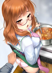 Rule 34 | 10s, 1girl, apron, ass, black thighhighs, blush, brown eyes, brown hair, clothes lift, cooking, curry, dutch angle, food, from above, girls und panzer, glasses, half-closed eyes, hijiri tsukasa, long hair, looking back, ooarai school uniform, open mouth, panties, pink panties, pleated skirt, pot, red-framed eyewear, school uniform, semi-rimless eyewear, serafuku, skirt, skirt lift, solo focus, spoon, sweatdrop, takebe saori, thighhighs, under-rim eyewear, underwear