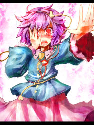 Rule 34 | 1girl, blush, female focus, hairband, heart, komeiji satori, letterboxed, open mouth, pink hair, purple hair, red eyes, short hair, solo, tears, touhou, ukyo rst