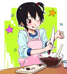 Rule 34 | 1girl, ;q, absurdres, apron, black hair, blood, blush, bowl, chocolate, cooking, cutting, cutting board, green background, hair bobbles, hair ornament, highres, jiyu2, kitchen knife, knife, long sleeves, one eye closed, original, red eyes, shirt, side ponytail, sleeves pushed up, solo, source request, spoon, star (symbol), striped clothes, striped shirt, tongue, tongue out, valentine, wrist cutting