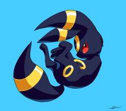 Rule 34 | animal focus, creatures (company), curled up, from side, full body, game freak, gen 2 pokemon, likey, looking up, nintendo, no humans, pokemon, pokemon (creature), red eyes, signature, simple background, solo, umbreon